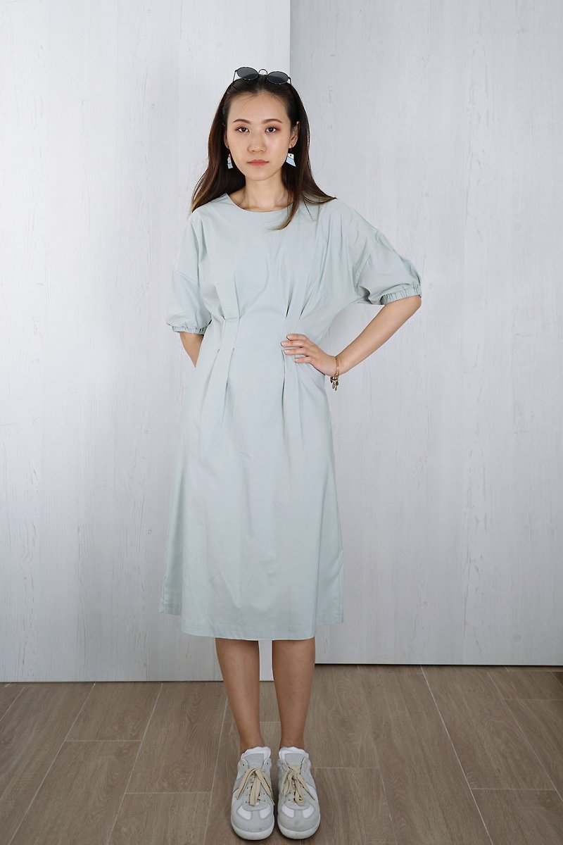 OUD original. Stretchy Mix Cotton Midi Dress With Waist Pleated Detail - One Piece Dresses - Polyester 