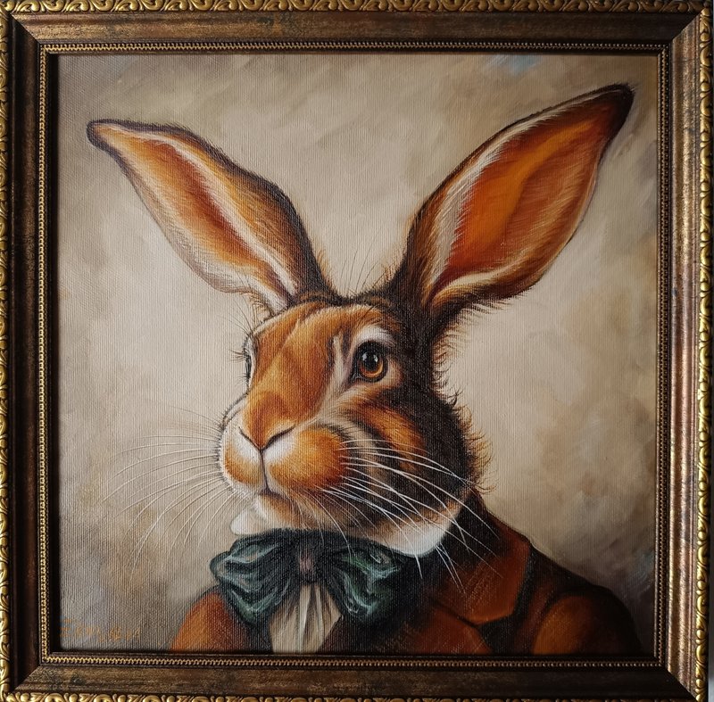 Rabbit portrait Fantasy oil painting 30*30 cm - ตกแต่งผนัง - วัสดุอื่นๆ สีนำ้ตาล