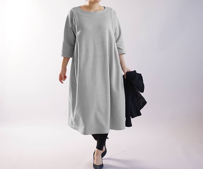 wafu  cotton dress / midi length / 3/4 sleeve / oversize / gray a83-2 - One Piece Dresses - Cotton & Hemp Gray