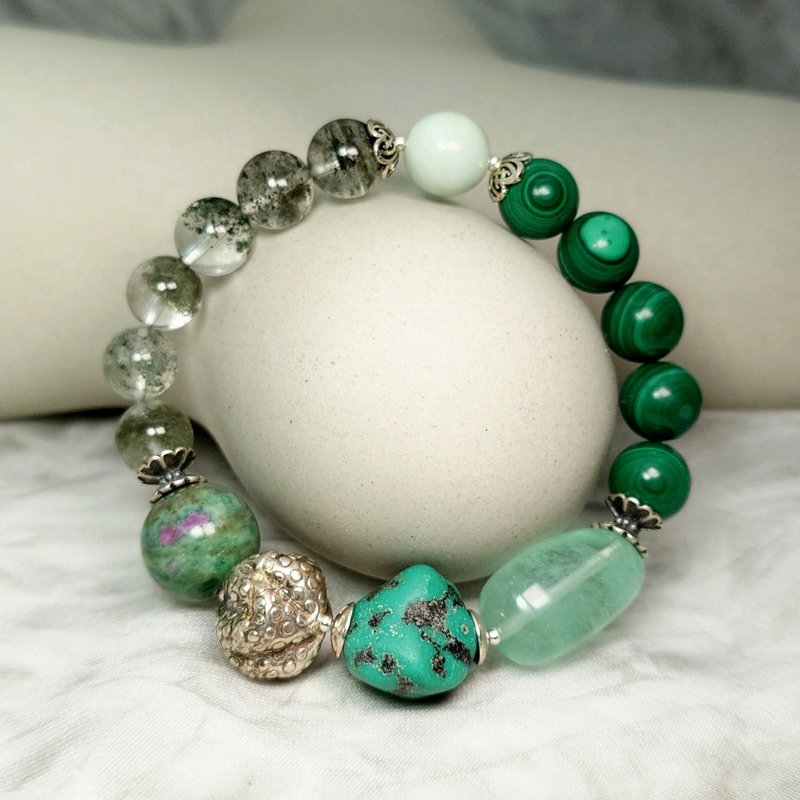 Bracelet turquoise green Stone Stone Alxa agate green ghost red emerald 925 silver jewelry - สร้อยข้อมือ - เครื่องเพชรพลอย สีเขียว