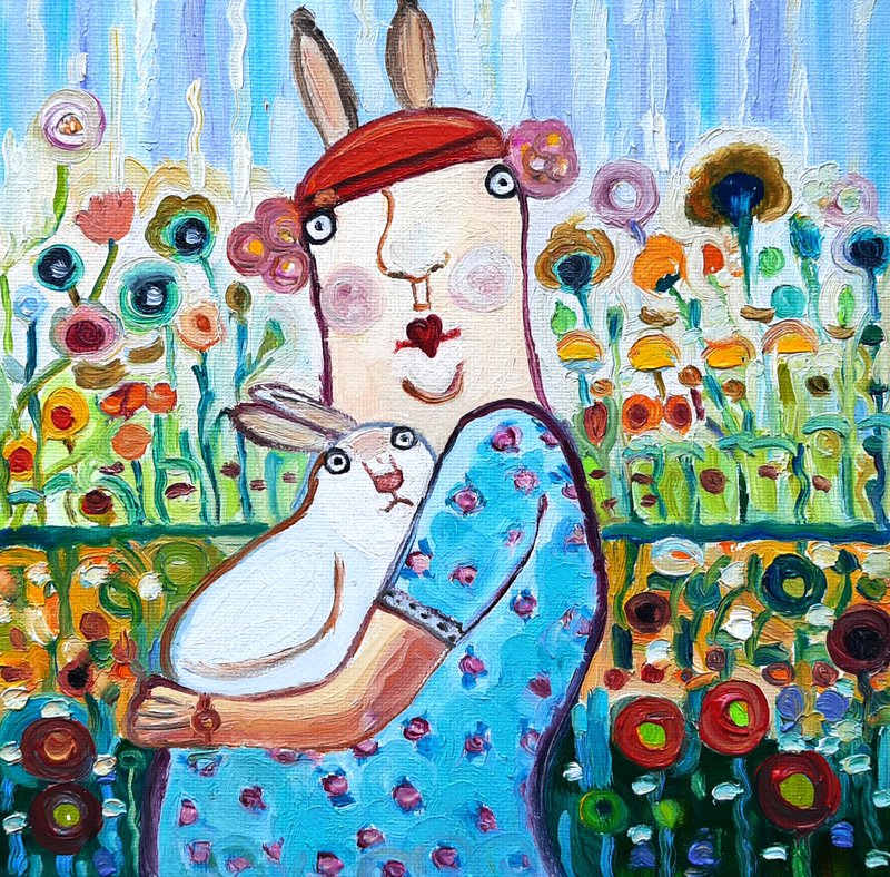 Funny Woman with a Rabbit Painting  Original Art  Oil Painting  Oil On Cardboard - ตกแต่งผนัง - วัสดุอื่นๆ สีน้ำเงิน