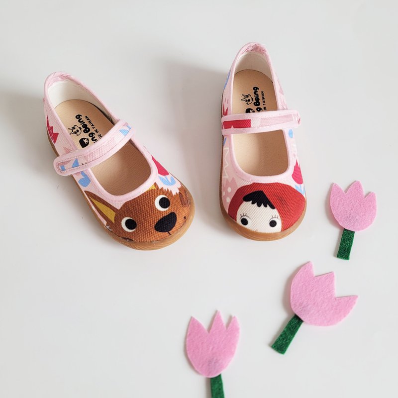 Children's Doll Shoes Devil's Felt Printed Shoes Little Red Riding Hood and the Big Bad Wolf - Pink Tulip - รองเท้าเด็ก - ผ้าฝ้าย/ผ้าลินิน สึชมพู