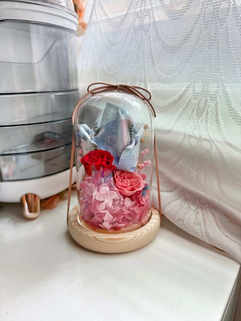 (可客製)有錢花 永生花 鈔票花 有錢花永生玫瑰玻璃罩 送禮 - 乾燥花/永生花 - 植物．花 紅色