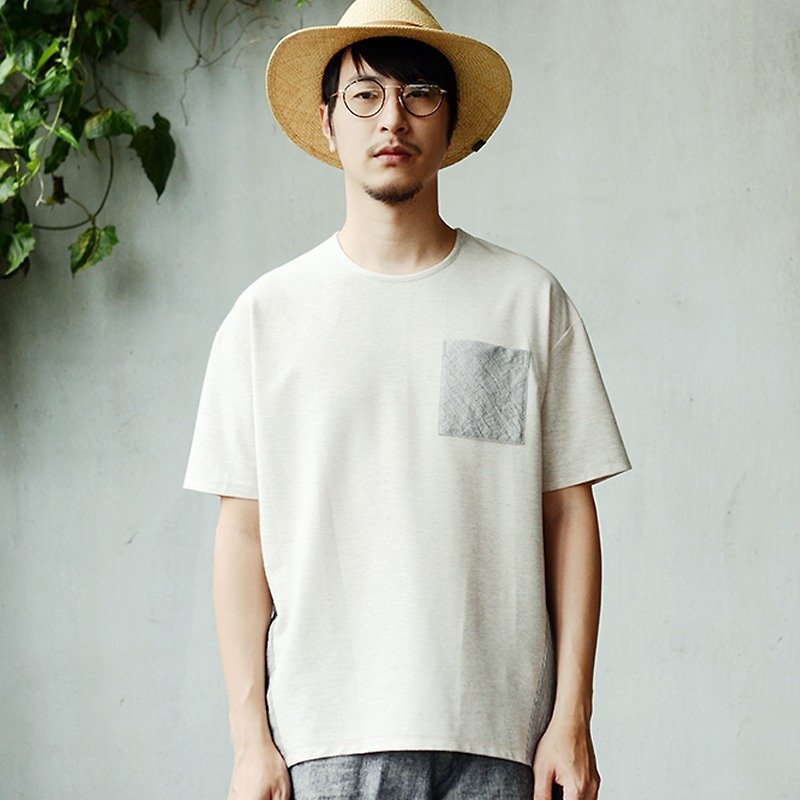 Loose-fit T-Shirt with Linen-Cotton Dual-Fabric Design - เสื้อยืดผู้ชาย - ผ้าฝ้าย/ผ้าลินิน ขาว