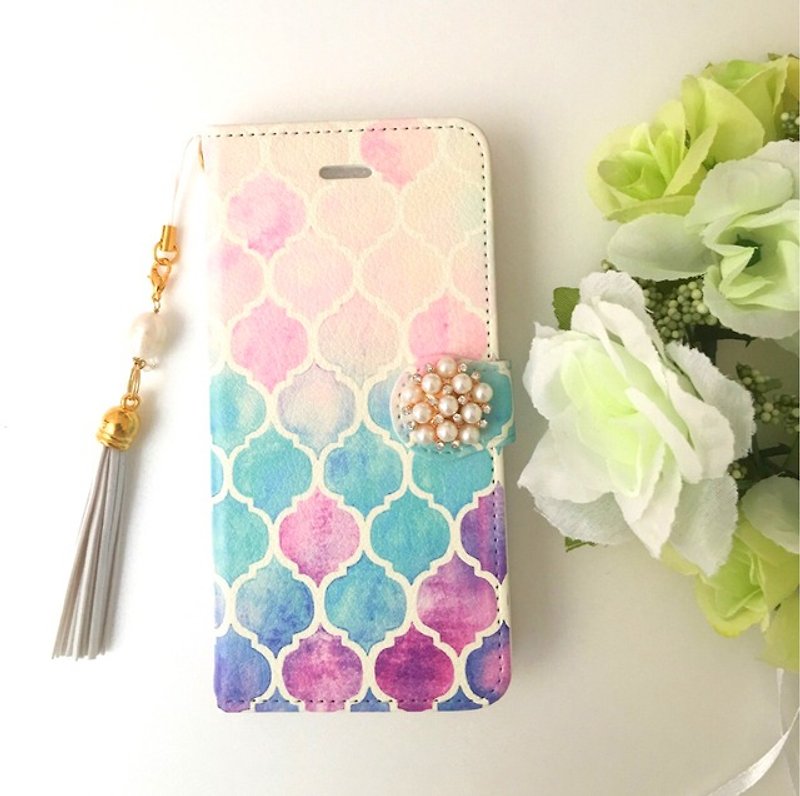 [Pajour] (Watercolor paint) Moroccan pattern notebook type smartphone case [iPhone] [Notebook] [Moroccan pattern] - Phone Cases - Genuine Leather Purple