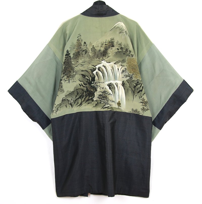 Back to Green Japan brought back a male knit hand-painted forest waterfall vintage kimono - เสื้อโค้ทผู้ชาย - ผ้าฝ้าย/ผ้าลินิน 