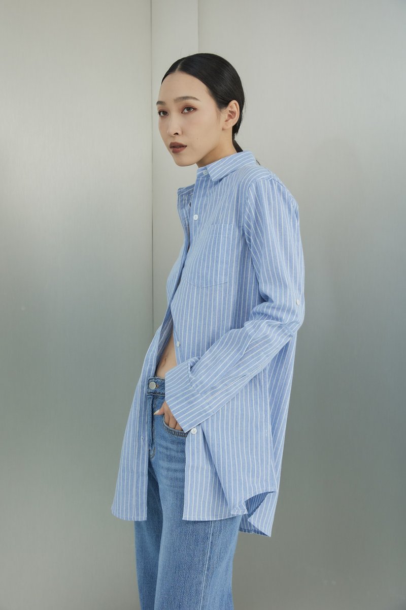 [Brand original] Ivy stiff Linen and linen striped shirt refreshing blue - Women's Tops - Cotton & Hemp Blue