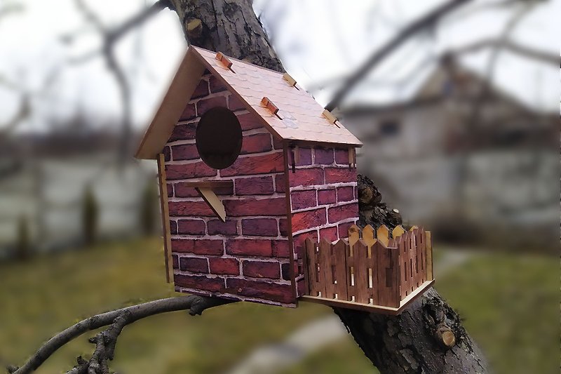 Birdhouse mounted on a wall or tree with a bird feeder - Cleaning & Grooming - Wood 