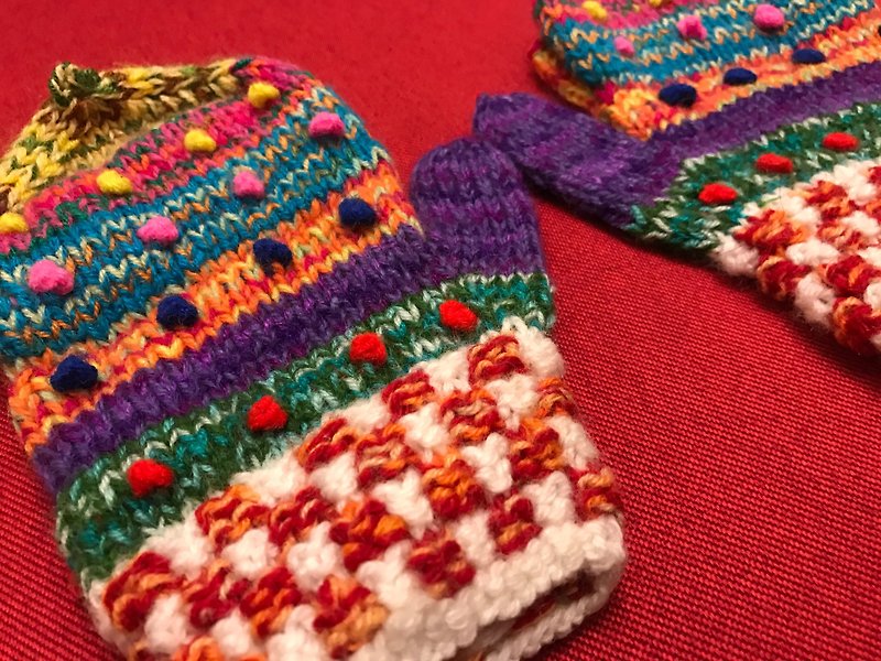 祕魯手工毛料蓋子手套-紫橘 - 手套 - 羊毛 多色