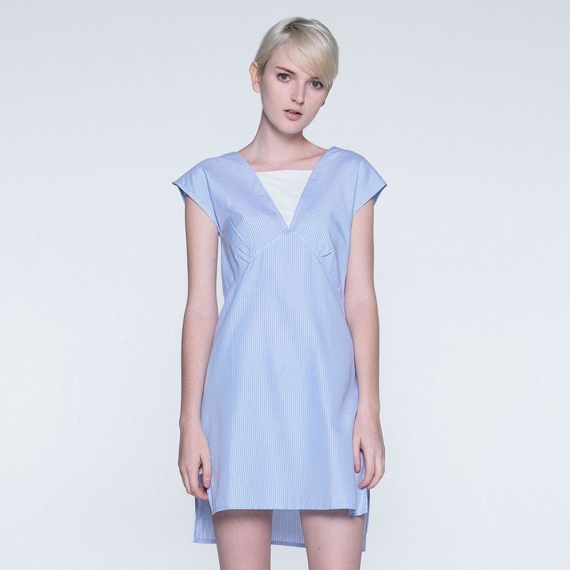 ELYSIAN CONTRAST PANEL STRIPE DRESS WITH HI-LO HEMLINE - One Piece Dresses - Other Man-Made Fibers Blue