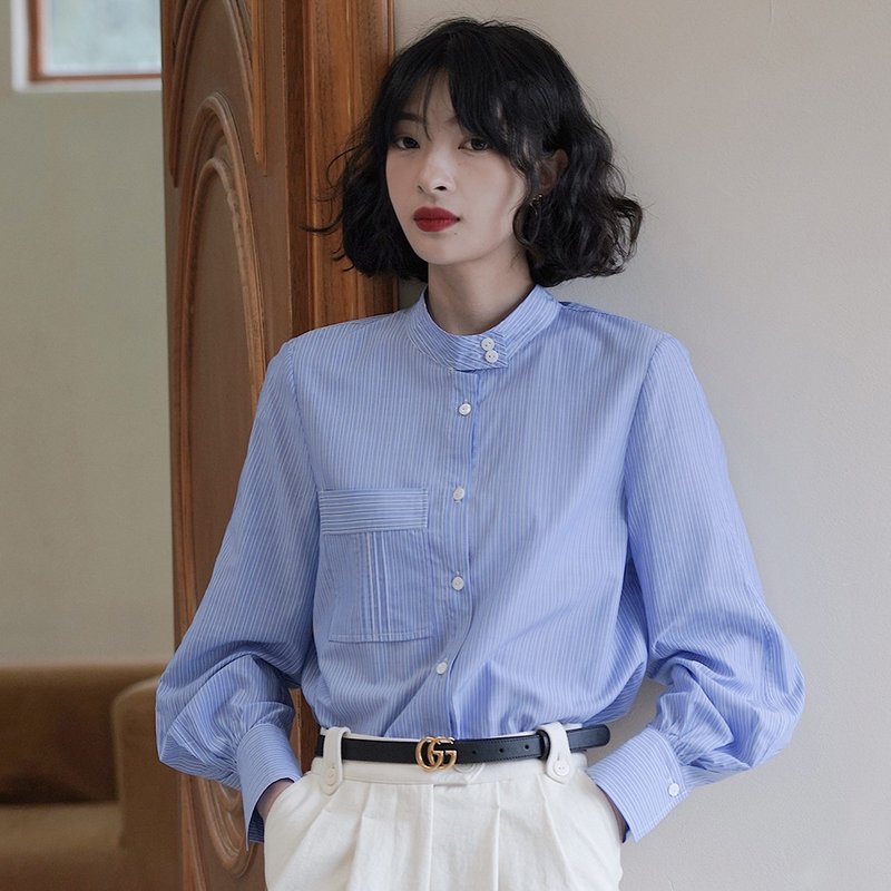 藍色條紋立領襯衫|襯衫|春款|Sora-888 - 女襯衫 - 聚酯纖維 藍色