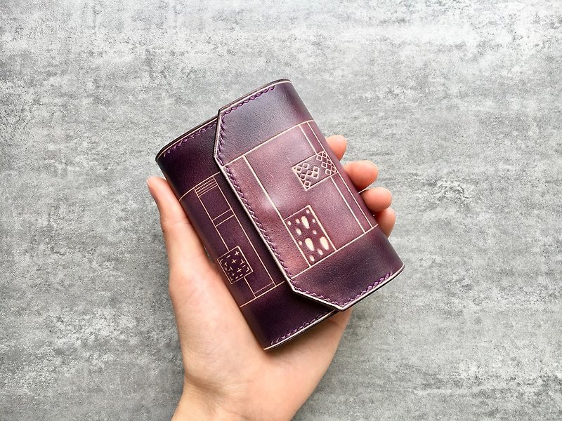 Geometric pattern purple handmade leather coin purse/ business card holder/ business card case/ card case - ที่เก็บนามบัตร - หนังแท้ สีม่วง