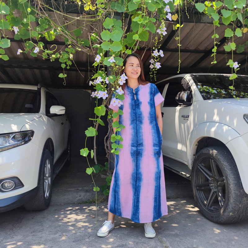 Pink Navy Blue Tie Dyed Long Striped Dress - 洋裝/連身裙 - 棉．麻 多色