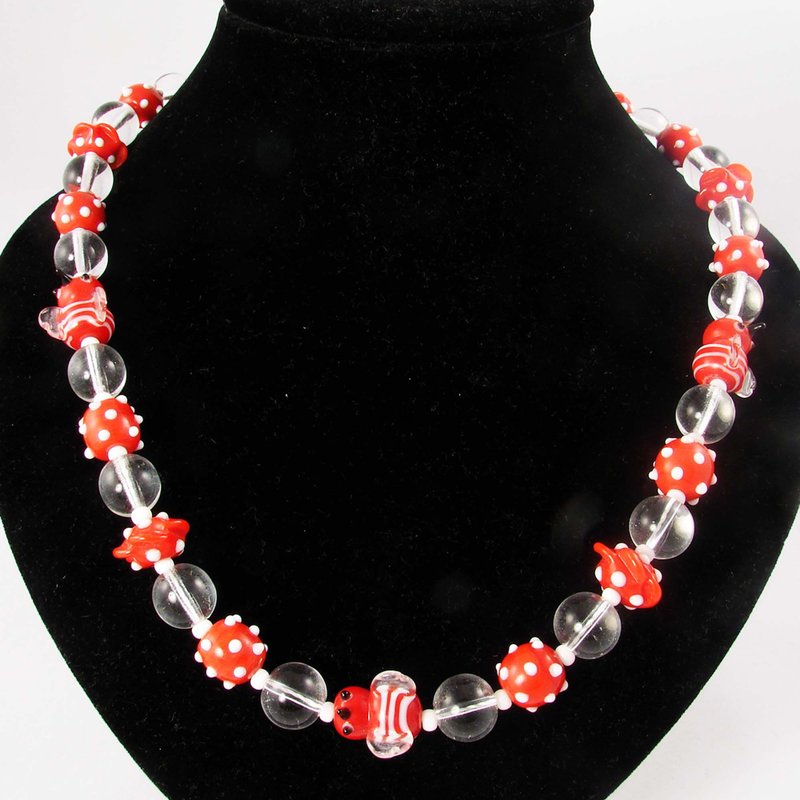 Red Clear White Bird Polka Dot Lampwork Glass Beaded Necklace Woman Jewelry Gift - 項鍊 - 玻璃 紅色