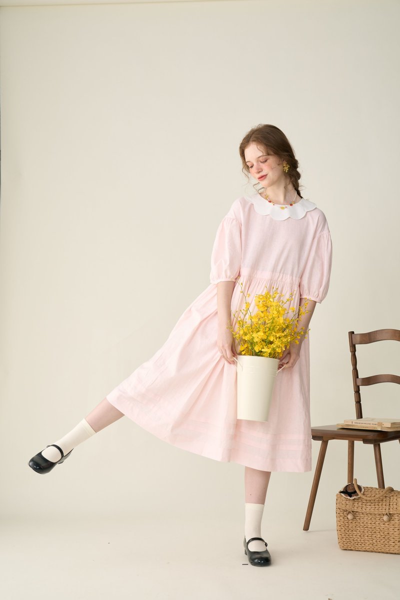 Japanese cherry blossom theme petal collar pink linen dress autumn dress - One Piece Dresses - Cotton & Hemp Pink