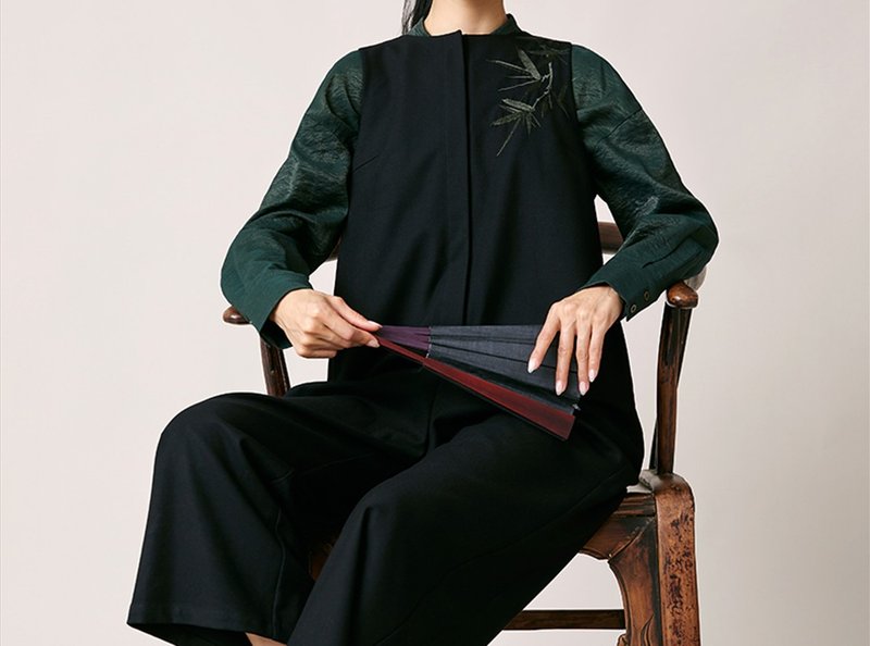 【竹瘦】新中式復古 刺繡竹葉/垂墜連身褲 - 吊帶褲/連身褲 - 其他材質 黑色
