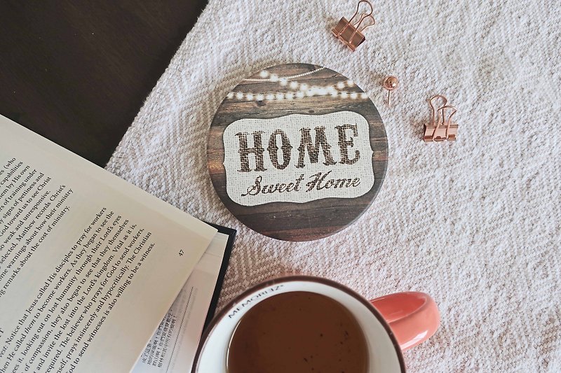 Home Sweet Home Rustic Coaster with Wooden Burlap Background - Coasters - Pottery Brown