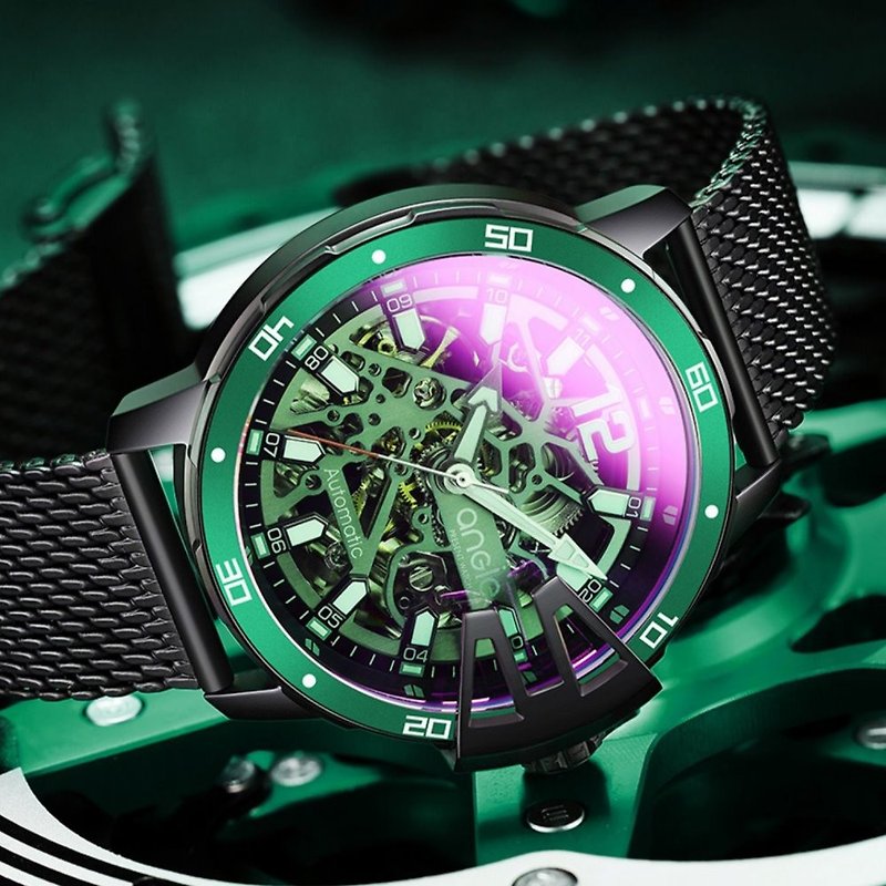 中空グリーンサークル編み込みスチールベルトマットブラック - 男女兼用（ユニセックス）腕時計 - ステンレススチール 
