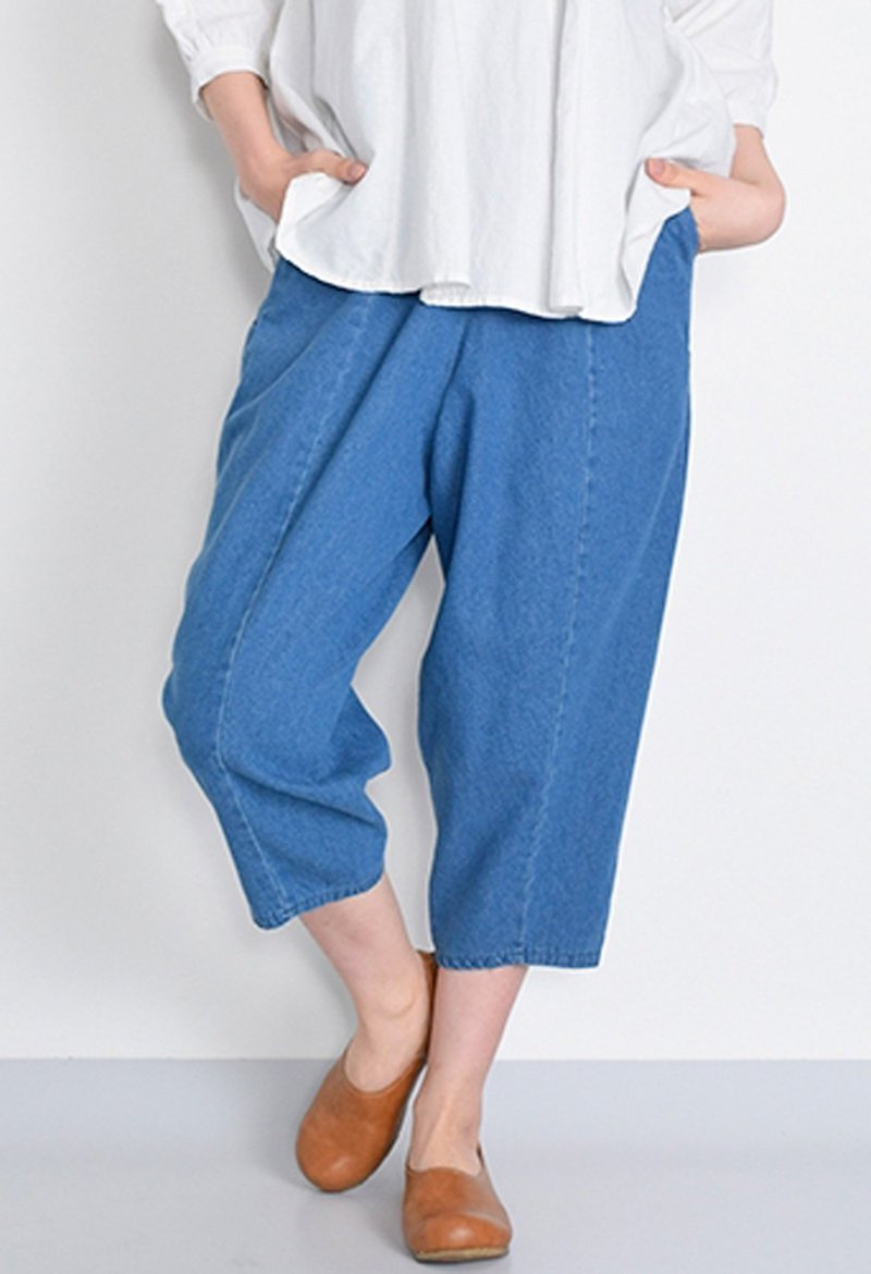 Loose silhouette denim fabric Gaucho pants - กางเกงขายาว - ผ้าฝ้าย/ผ้าลินิน สีน้ำเงิน