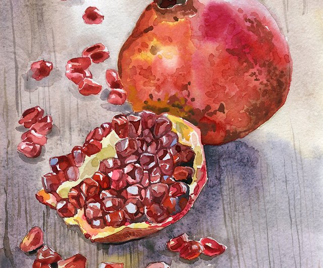 オリジナルの水彩画ザクロの果実の絵画8x11インチ ショップ Zazullaart ウォールデコ 壁紙 Pinkoi