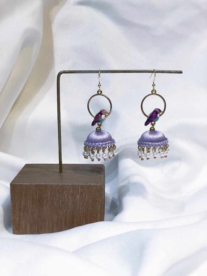 Hand made Embroidery thread Indian style earrings bird purple jhumka - Earrings & Clip-ons - Thread Purple