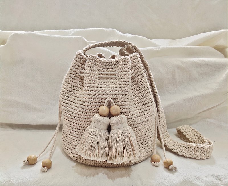 Crochet Drawstring Crossover Bag with Tassels - Other - Cotton & Hemp 