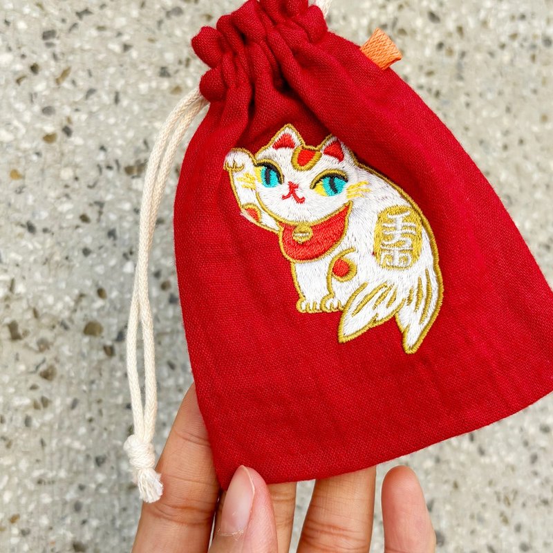 藏寶袋/束口袋  Lucky fishcat -正紅色 招財小物 - 化妝包/收納袋 - 棉．麻 紅色