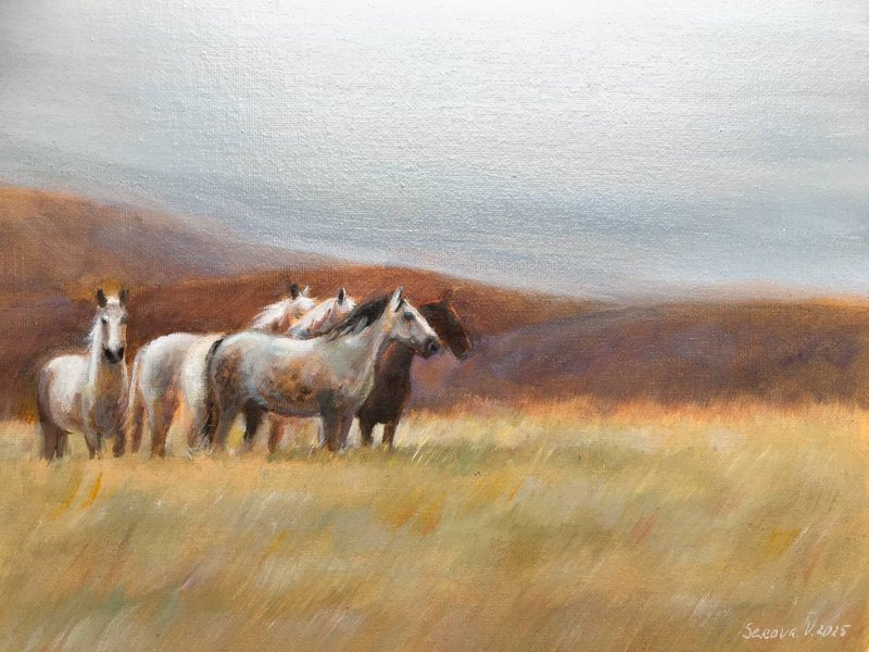 Horses Painting Original landscape field horse animals wall art decor - 壁貼/牆壁裝飾 - 其他材質 白色