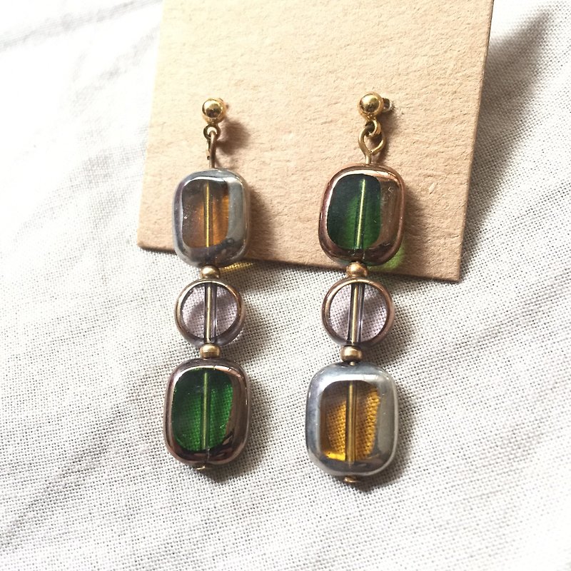 / Yellow pink green glaze / string earrings - Earrings & Clip-ons - Colored Glass Green