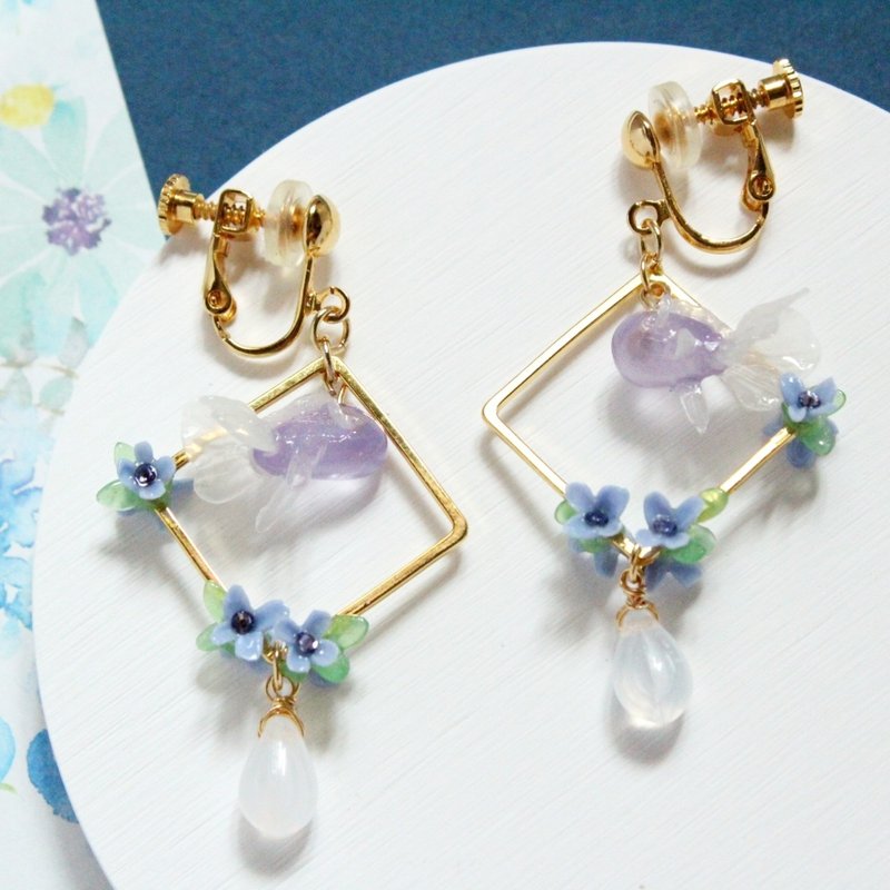 【UV Resin】resin clay goldfish with metal frame earrings / clip-on - Earrings & Clip-ons - Resin Blue