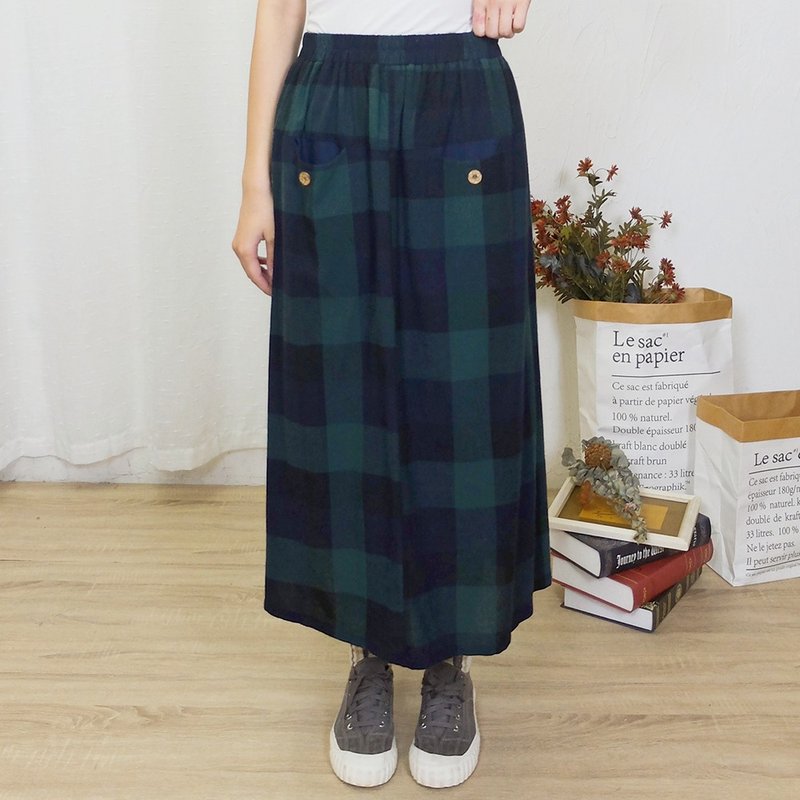 Hana Mokuba elastic waist Japanese casual plaid long skirt - กระโปรง - วัสดุอื่นๆ 