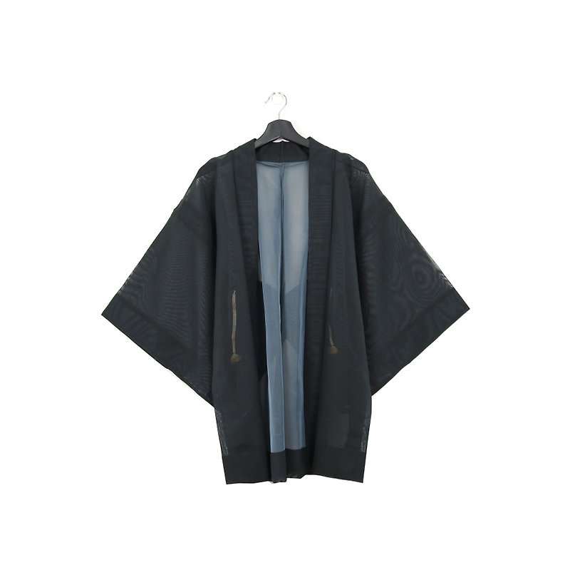 Back to Green-Japan with back feather woven kimono translucent inner dark blue / vintage kimono - Women's Casual & Functional Jackets - Silk 
