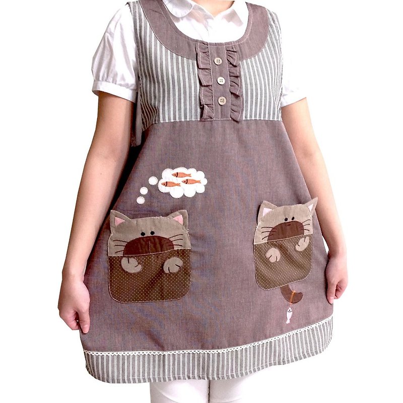 【BEAR BOY】Hefeng Double Pocket Meditation Cat Apron-Coffee - ผ้ากันเปื้อน - วัสดุอื่นๆ 