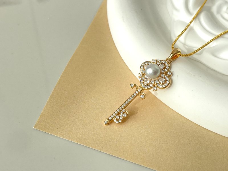 鑰匙 天然海水珍珠 akoya 吊墜 贈項鏈 - 項鍊 - 珍珠 白色