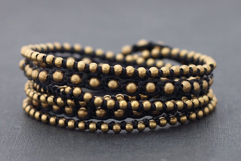 Wrap Bracelets Black Stud Woven Boho Rock Brass Bead Wrap Bracelets - สร้อยข้อมือ - ทองแดงทองเหลือง สีดำ