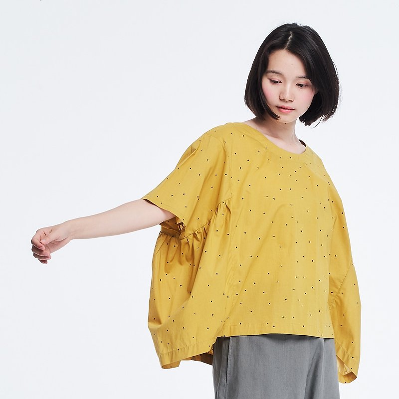Swing Gathering Sleeve  Relaxed Cotton Polka dotted Top /Yellow - トップス - コットン・麻 イエロー