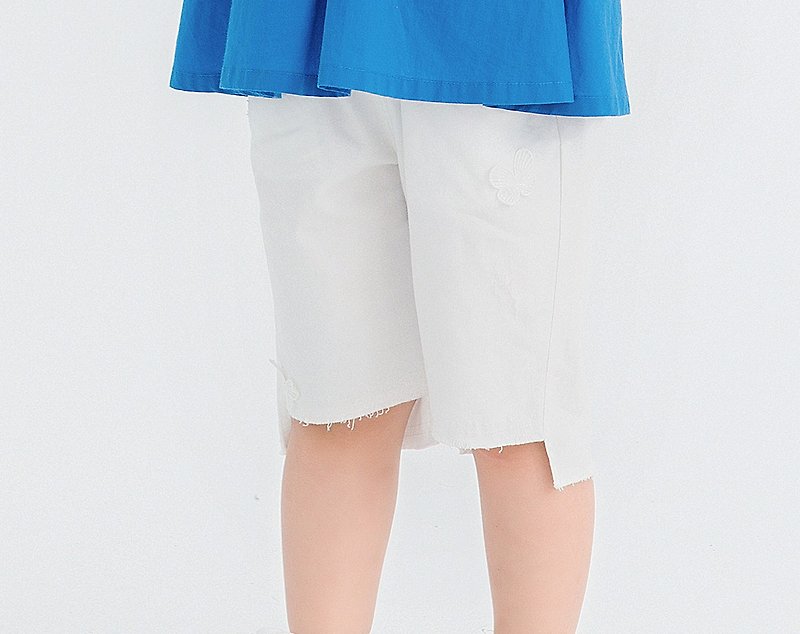 [Clearing Offer] Butterfly Straight Cropped Pants White/Blue - Pants - Cotton & Hemp Multicolor