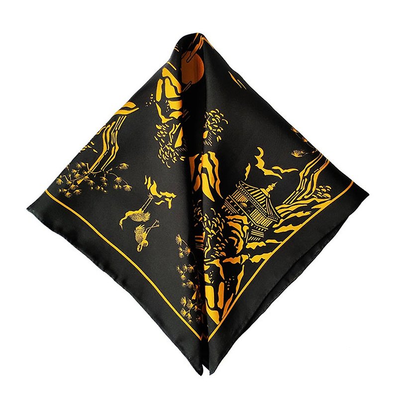 65cm black twilly silk scarf with hand stitch edge papercut art illustration - ผ้าพันคอ - ผ้าไหม สีดำ