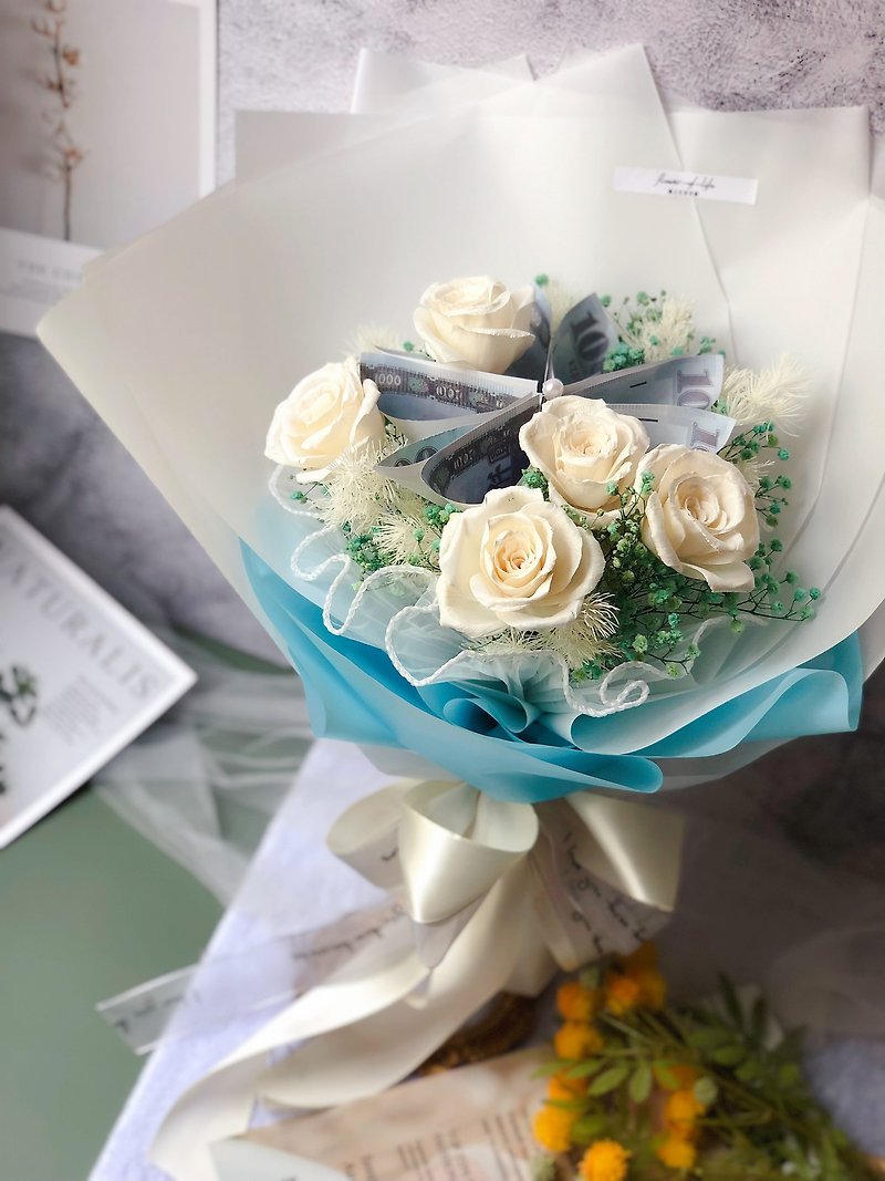 [Valentine's Day Bouquet] Rich Bouquet, White Rose Bouquet, Gypsophila Banknote Bouquet, Confession and Proposal - Dried Flowers & Bouquets - Plants & Flowers White