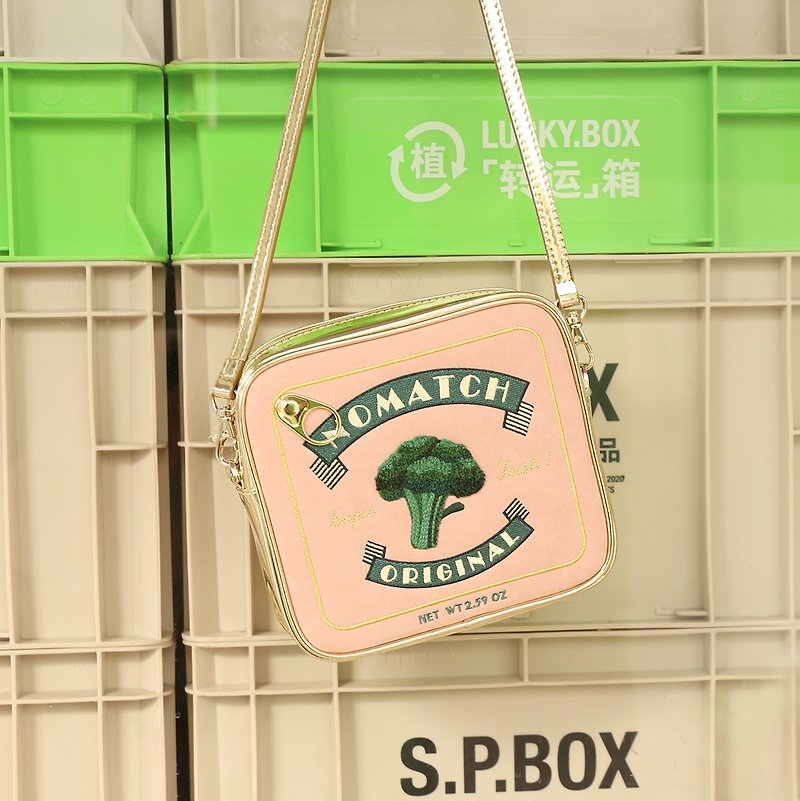 NoMatch vintage retro broccoli can embroidery bag satchel - กระเป๋าแมสเซนเจอร์ - หนังเทียม สึชมพู