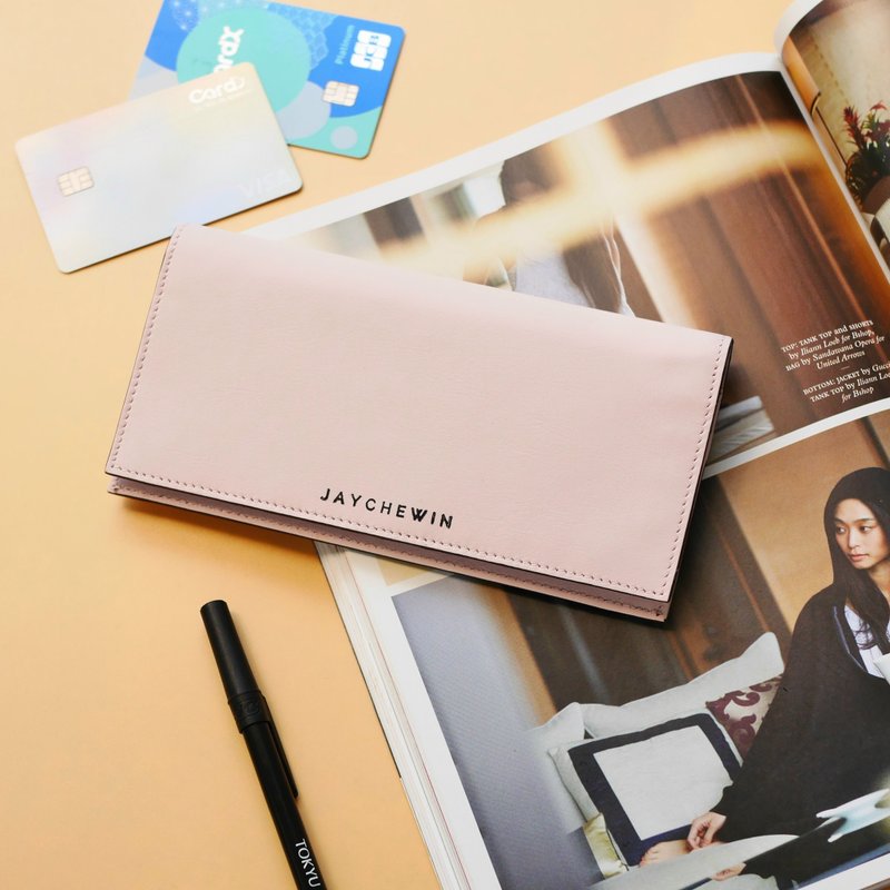 กระเป๋าสตางค์แบบพับยาว Long Flat Wallet สีชมพูซากุระ - กระเป๋าสตางค์ - หนังแท้ สึชมพู