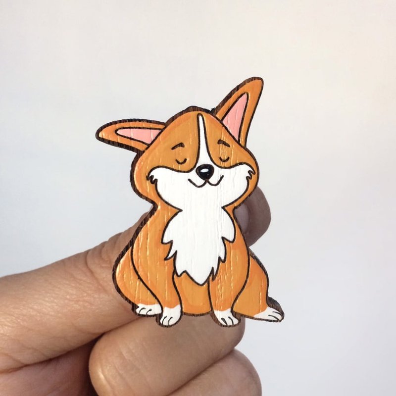 Wooden brooch corgi - 胸針 - 木頭 橘色