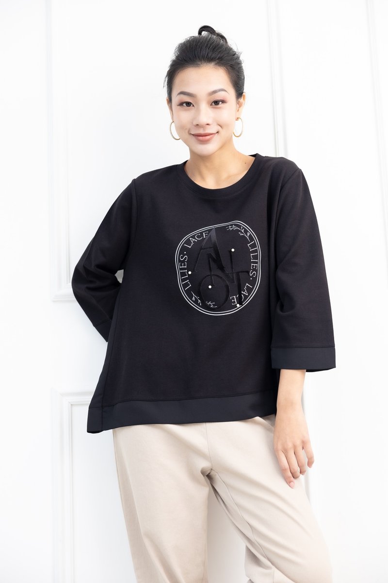 圓框ANOT珍珠異材質拼接上衣 黑色 - 女上衣/長袖上衣 - 其他材質 黑色