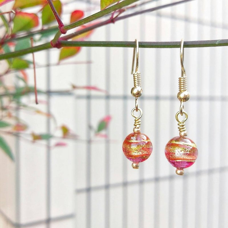 Mini Candy Ball Earrings Handmade Gold Foil Glass Bead Earrings Can Change Ear Clips - Earrings & Clip-ons - Glass Pink