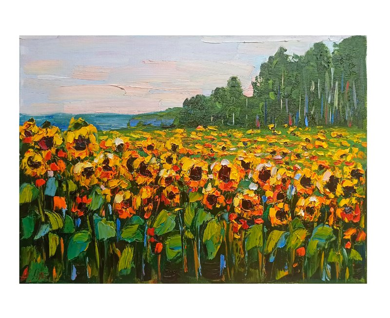 Sunflowers Oil Painting Original Art Floral Wall Art Flower Artwork 向日葵油畫原創藝術 - ตกแต่งผนัง - ผ้าฝ้าย/ผ้าลินิน สีเหลือง