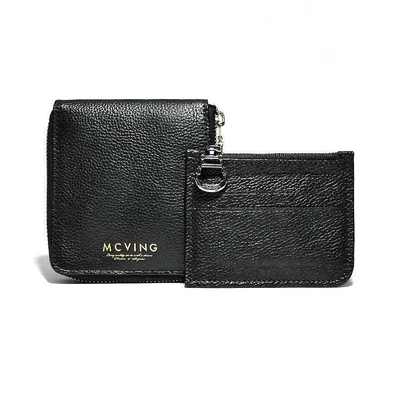 Black melon pattern leather ZIP short clip (includes 3 in 1 purse) - กระเป๋าสตางค์ - หนังแท้ สีดำ