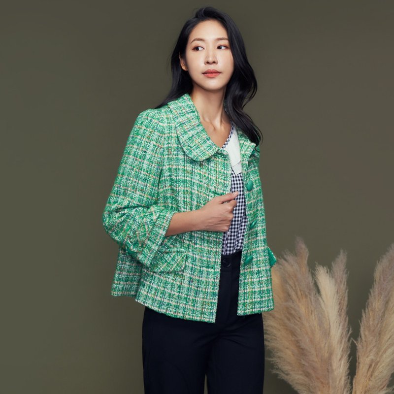 【MEDUSA】Button Detail Green Wool Tweed Jacket - Women's Casual & Functional Jackets - Wool Green