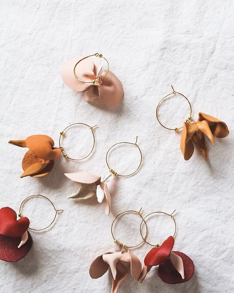 Cowhide little orchid earrings - Earrings & Clip-ons - Genuine Leather Yellow
