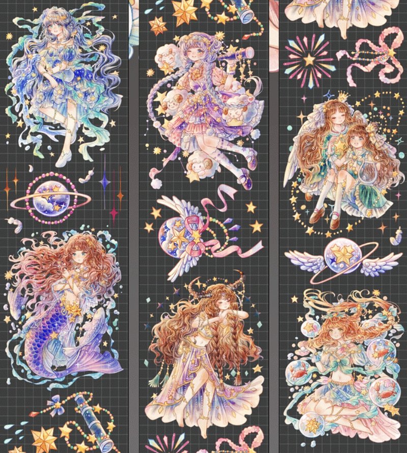 星座物語(I) PET 紙膠帶 銀河沙 10米卷 - 紙膠帶/和紙/PET - 其他材質 多色