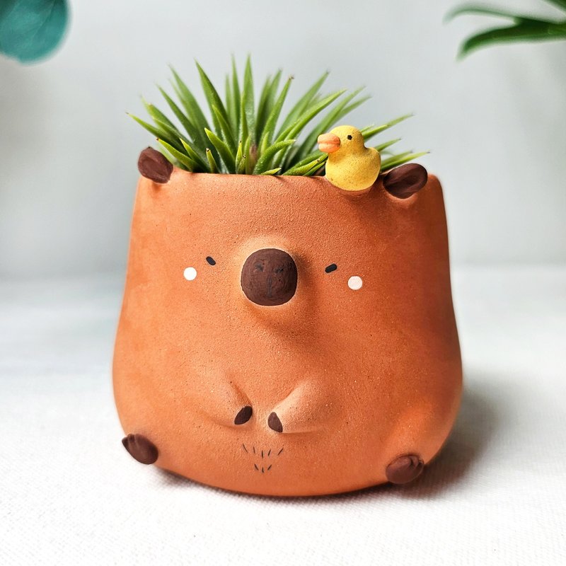 Capybara planter with a yellow ducky.Handmade terracotta pot - 盆栽/植栽 - 陶 